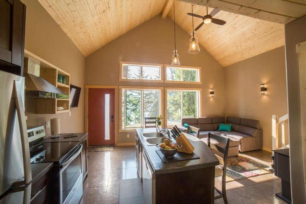 Chalet 1 exterior with private hot spring tub, Halcyon BC