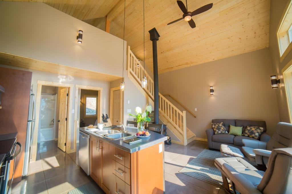 Chalet 2 exterior with private hot spring tub, Halcyon BC